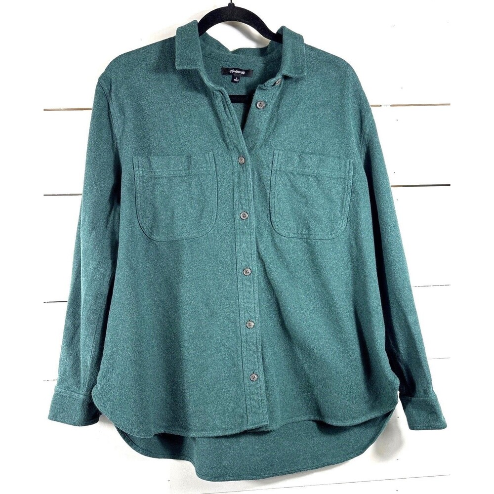 Madewell Green Button-Up Flannel Shirt Long Sleeve Pockets 100% Cotton Womens L